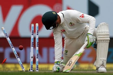 Cricket - India v Australia - Fourth Test cricket match - Himachal Pradesh Cricket Association Stadium, Dharamsala, India - 25/03/17 - Australia's Peter Handscomb is clean bowled. REUTERS/Adnan Abidi