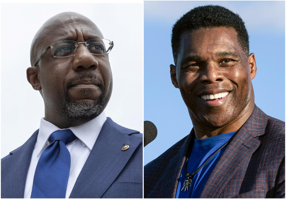 This combination of photos shows, Sen. Raphael Warnock, D-Ga., speaking to reporters on Capitol Hill in Washington, Aug. 3, 2021, left, and Republican Senate candidate Herschel Walker speaking in Perry, Ga., Sept. 25, 2021. (AP Photo)