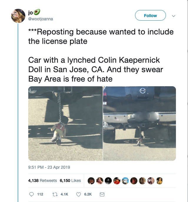 A woman took to Twitter to post a photo of a car with a 'lynched' Colin Kaepernick doll hanging from the back. (Credit: Twitter)