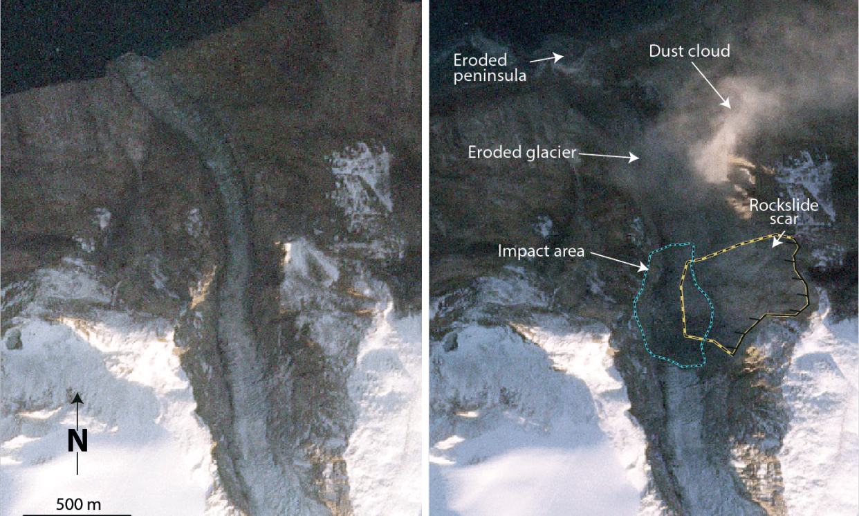 <span>The fjord system before (left) and after landslide and tsunami.</span><span>Photograph: Planet Labs</span>