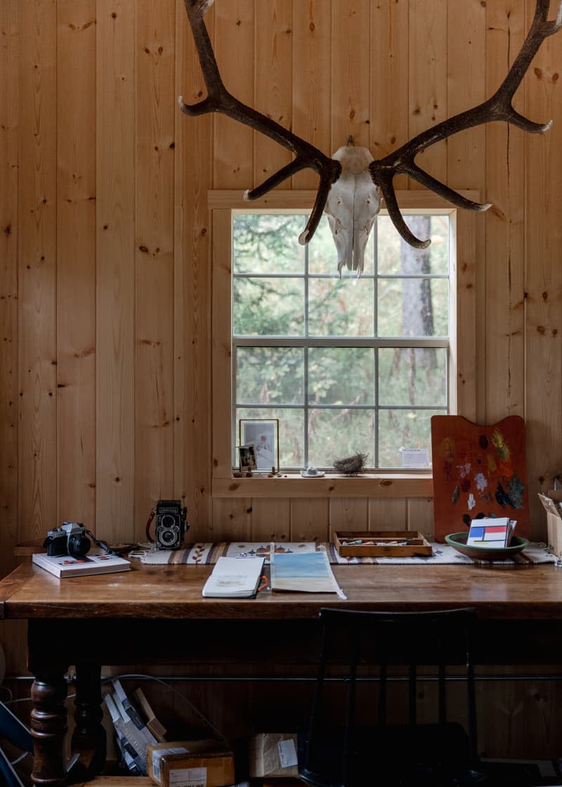 Antlers hung above window in wooden paneled home office.