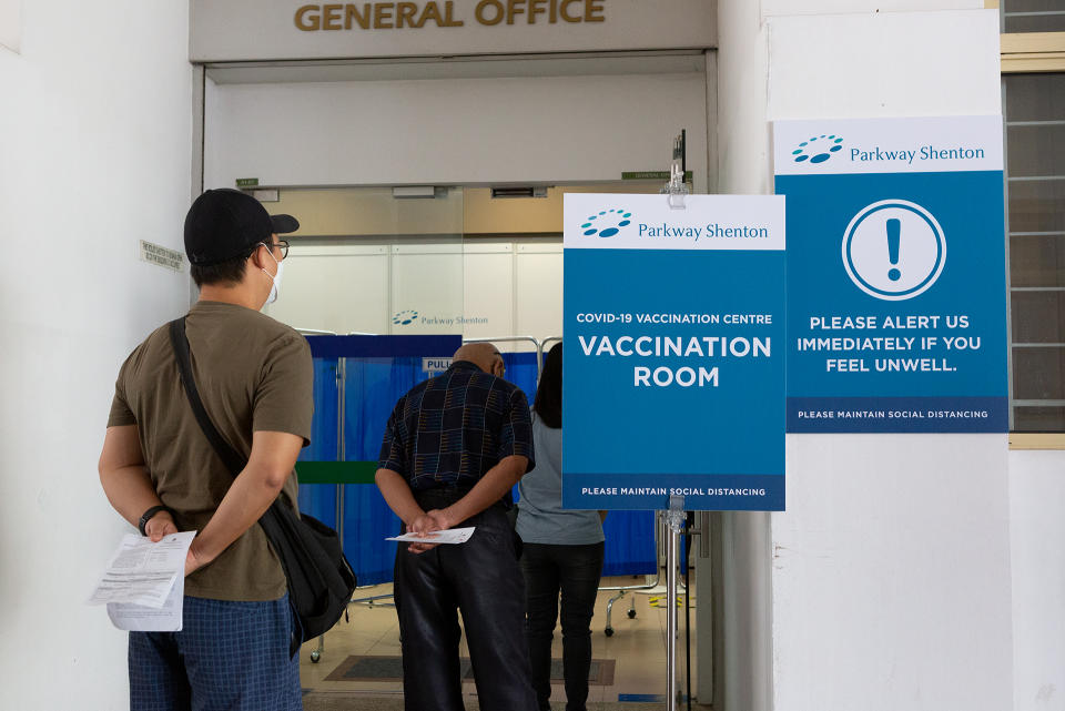 People seen queueing at a vaccination centre in Jurong West on 23 February 2021. (PHOTO: Dhany Osman / Yahoo News Singapore)