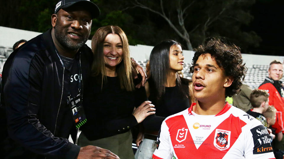 Wendell Sailor, pictured here with son Tristan after his NRL debut in 2019.