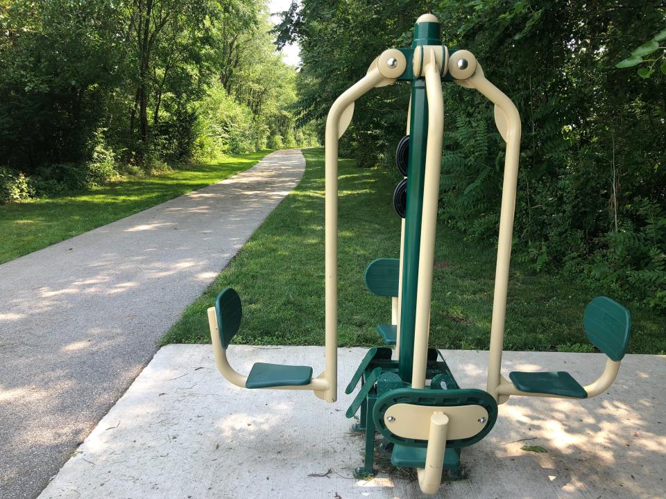 Exercise stations are scattered along the trails in North Liberty, like this one on the Tamarack Trail, seen on July 11, 2023.