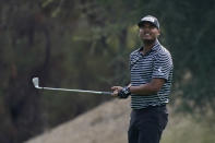 Sebastian Munoz watches his shot from the 18th fairway during the first round of the Zozo Championship golf tournament Thursday, Oct. 22, 2020, in Thousand Oaks, Calif. (AP Photo/Marcio Jose Sanchez)