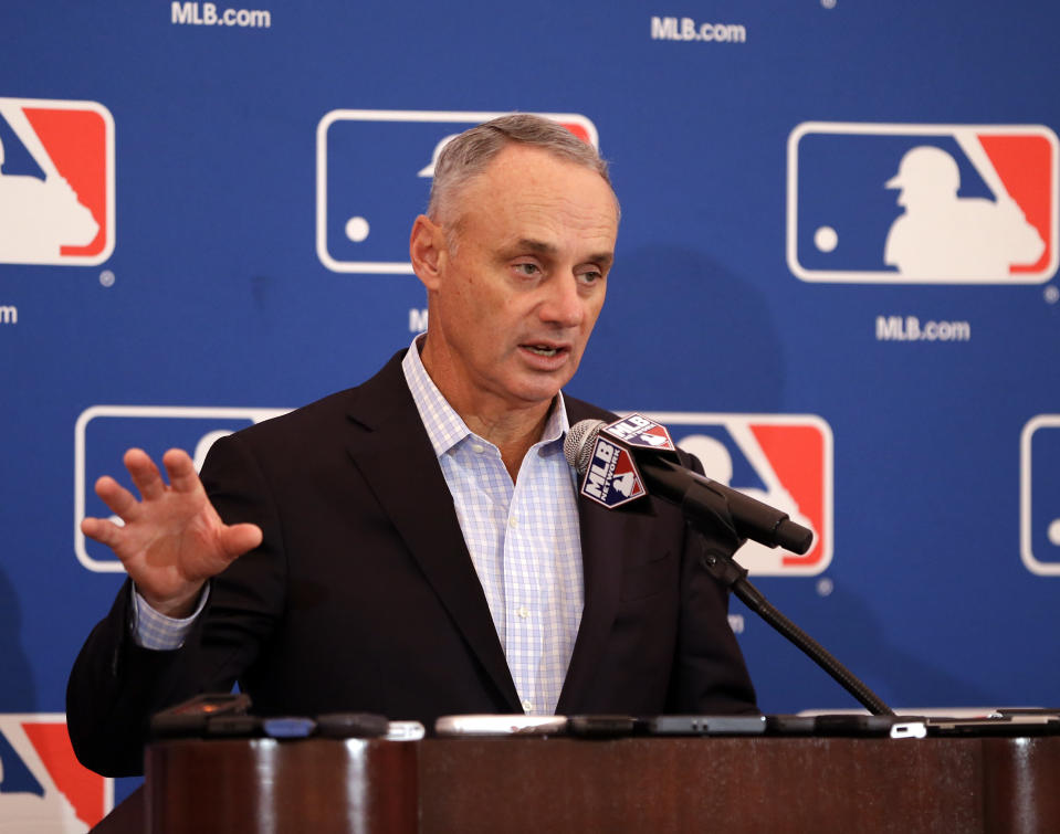 Major League Baseball commissioner Rob Manfred delivers remarks during a news conference at the annual MLB baseball owners meetings, Thursday, Nov. 16, 2017, in Orlando, Fla. (AP)