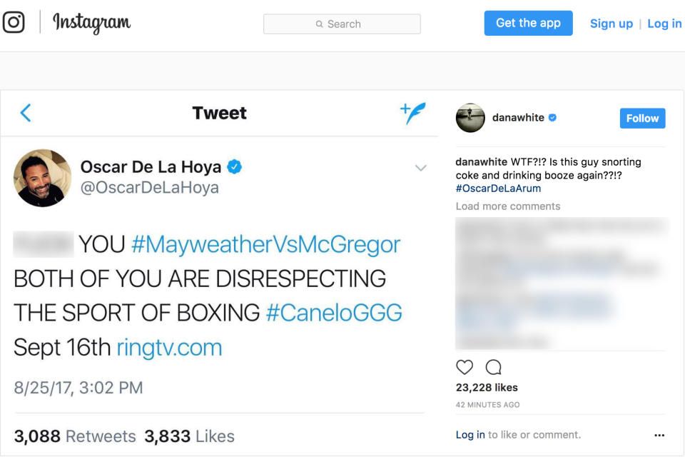 Oscar De La Hoya fired off an angry tweet regarding the Floyd Mayweather-Conor McGregor fight. It was eventually deleted.