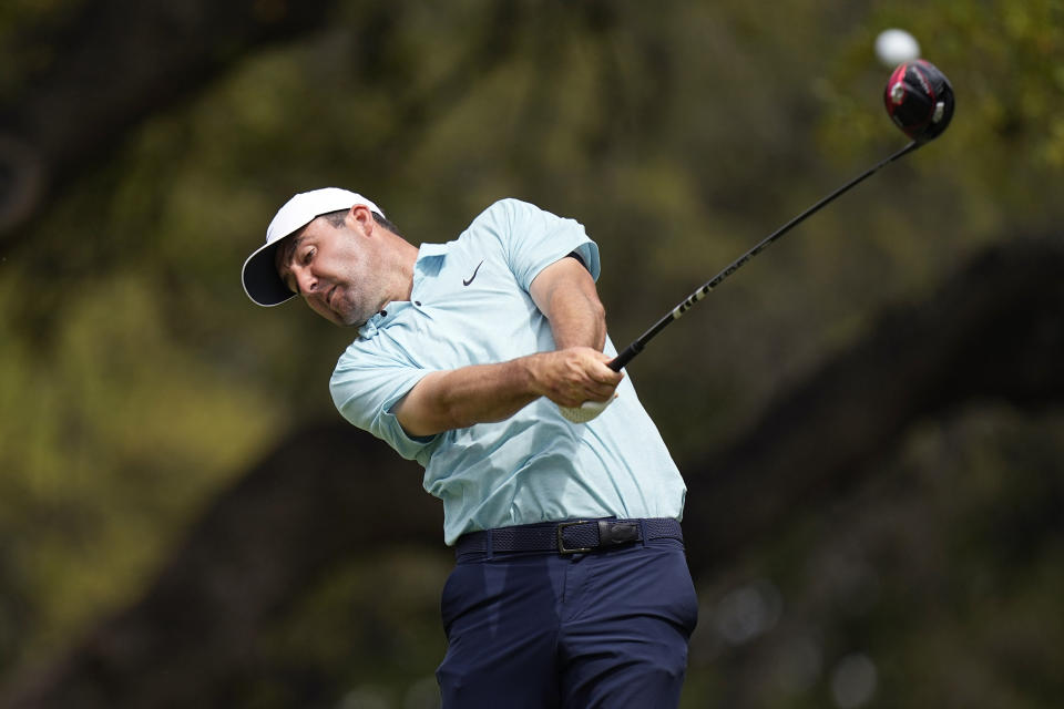 Scottie Scheffler hits from the eighth tee during the second round of the Dell Technologies Match Play Championship golf tournament in Austin, Texas, Thursday, March 23, 2023. (AP Photo/Eric Gay)