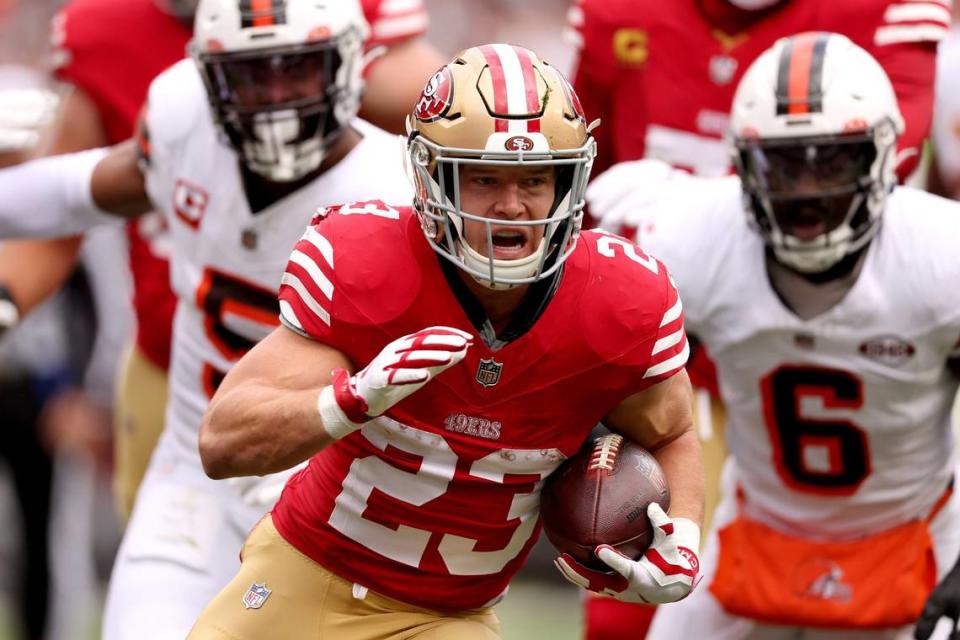 Christian McCaffrey (23) of the San Francisco 49ers runs for a touchdown after a catch during the first quarter against the Cleveland Browns at Cleveland Browns Stadium on Sunday, Oct. 15, 2023, in Cleveland. (Gregory Shamus/Getty Images/TNS)
