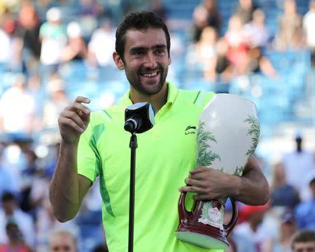 Aug 21, 2016; Mason, OH, USA; Marin Cilic (CRO) acknowledges the fans after defeating Andy Murray (GBR) in the finals during the Western and Southern tennis tournament at Linder Family Tennis Center. Mandatory Credit: Aaron Doster-USA TODAY Sports