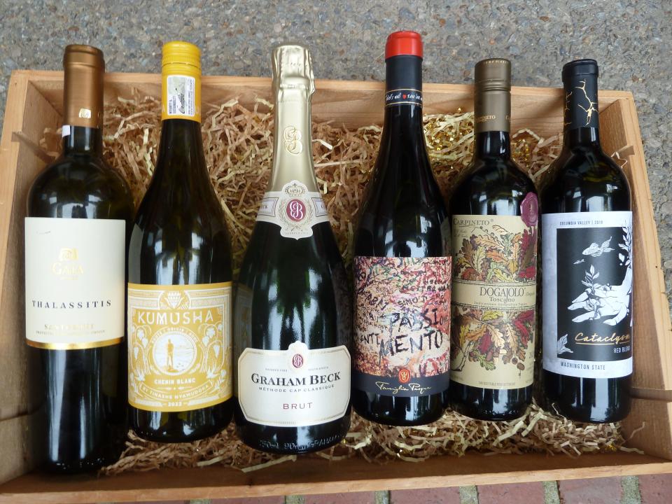 We tasted 2021 Gaia Thalassitis, 2022 Kumusha Chenin Blanc, Graham Beck Brut (NV) Sparkling Wine, 2020 Pasqua Romeo & Juliet Passimento Rosso, 2020 Carpineto Dogajolo Toscano Red and 2019 Cataclysm Red Blend.