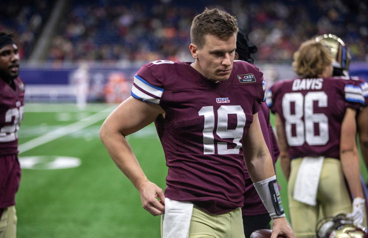 Michigan Panthers' Brian Lewerke (19) walks on the sideline during a game against the Birmingham Stallions at Ford Field in Detroit on Saturday, May 20, 2023. 