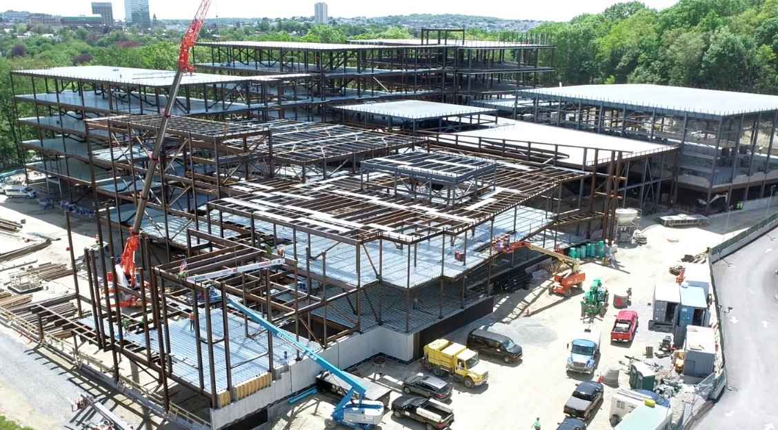 Drone footage of the ongoing construction of the new Doherty Memorial High School on Highland Street in Worcester.