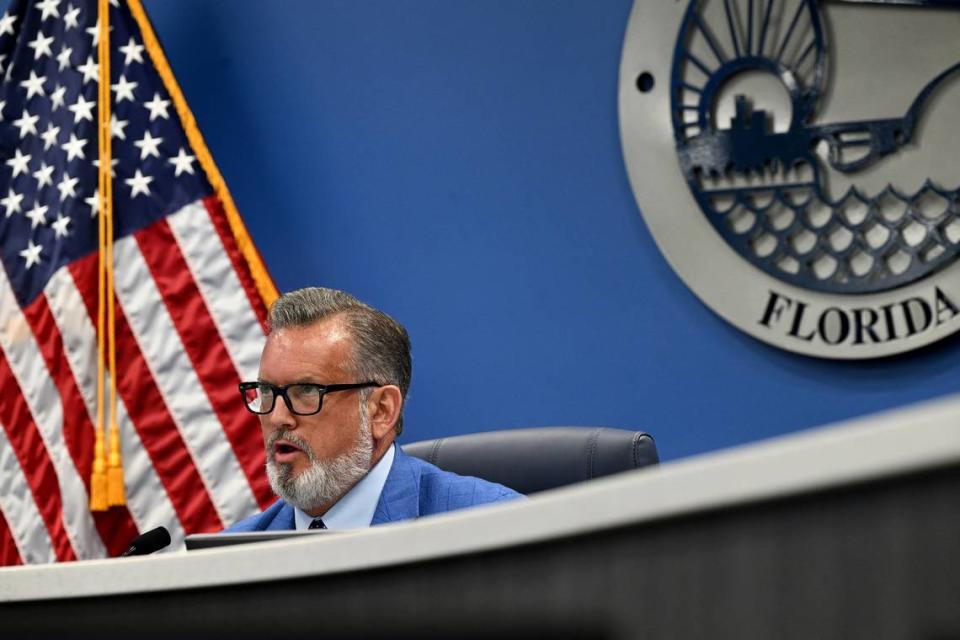 Manatee County Commissioner and Chair Mike Rahn addresses a speaker from a group of local activists calling Manatee County to implement a new mental health response program on April 23, 2024.