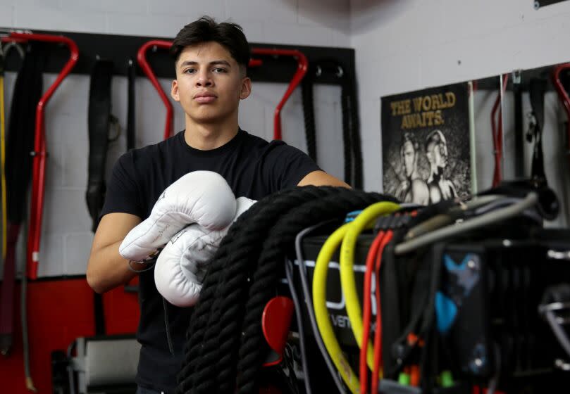 Boxer Criztec Bazaldua, 18 of L.A. and a six-time national champion and WBC amateur champion, trains at Knockouts Boxing in South Gate, California, on Wednesday, April 5, 2023.