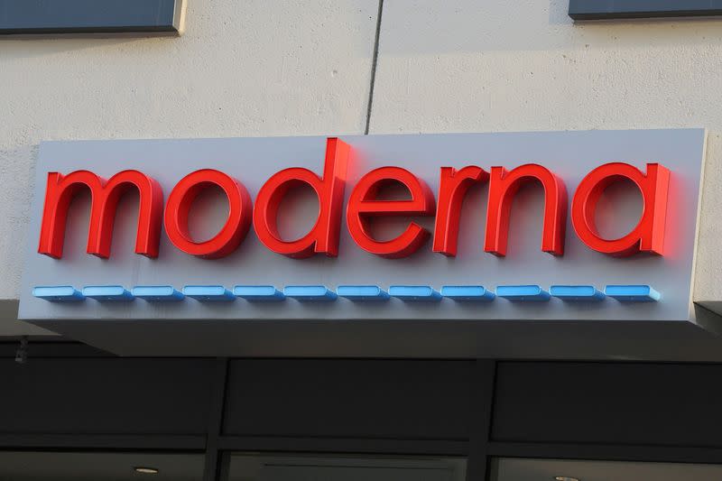 FILE PHOTO: A sign marks the headquarters of Moderna in Cambridge