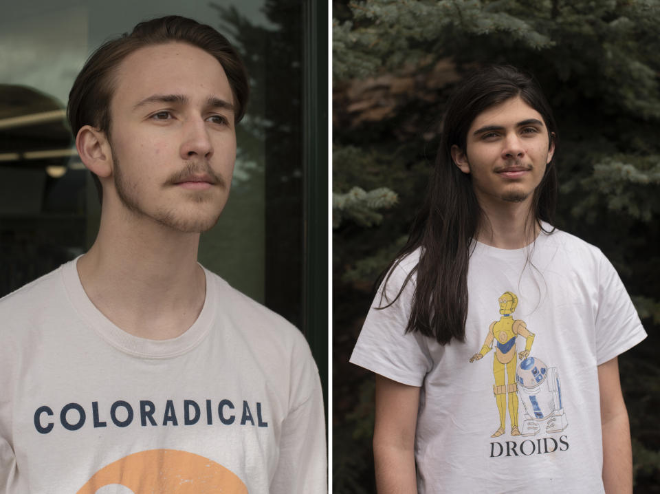 Jacob DeSmidt, 17, a junior, and Zehan Rogers, 16, a sophomore at Woodland Park High School, at the public library in Woodland Park, Colo., on May 5, 2023.  (Rachel Woolf for NBC News)