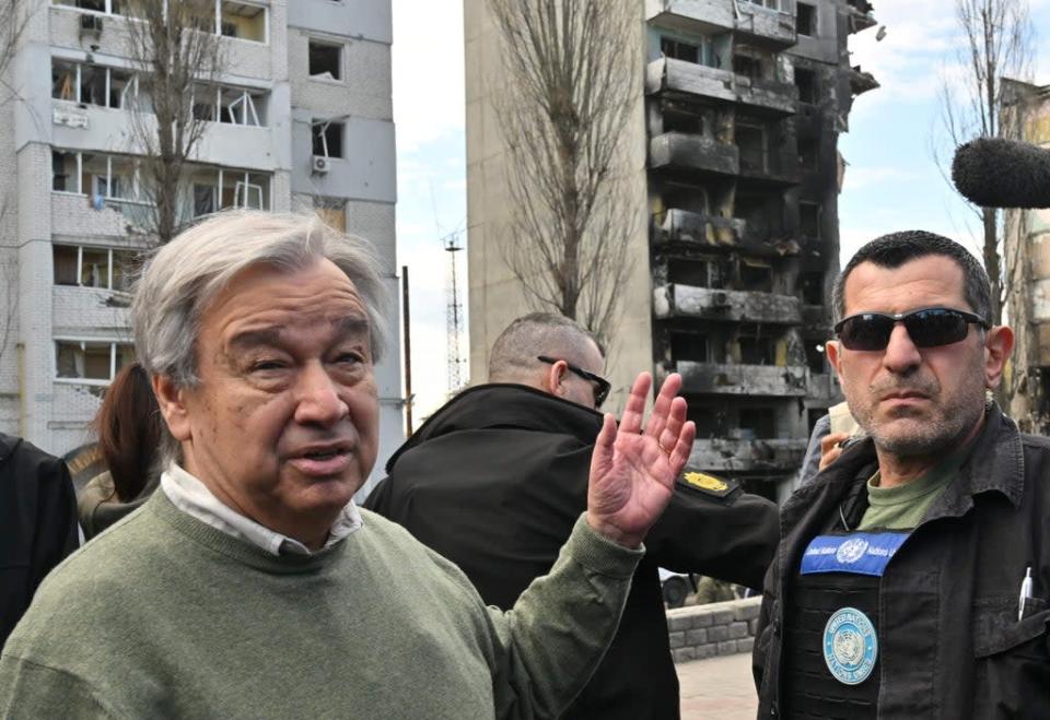 Antonio Guterres on a visit to Borodyanka (AFP via Getty Images)