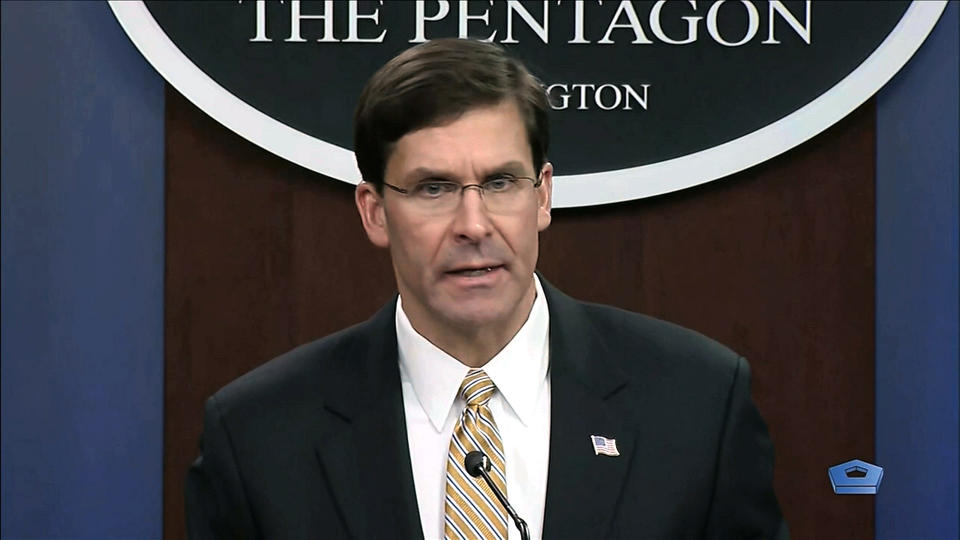 In this image from video, Secretary of Defense Mark Esper talks to the press on Iran and Iraq, Tuesday, Jan. 7, 2020, at the Pentagon in Washington. (divids via AP)