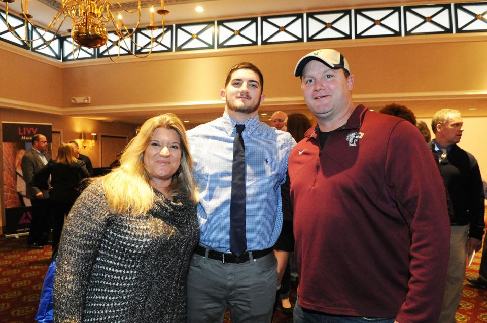 David Shaw, Bryce Shaw and Michele Shaw at The Enterprise All-Scholastics awards banquet on Sunday, Jan 28, 2018 at Lantana in Randolph. The keynote speaker was Brian Scalabrine, former Boston Celtics forward. 
(Marc Vasconcellos/The Enterprise)