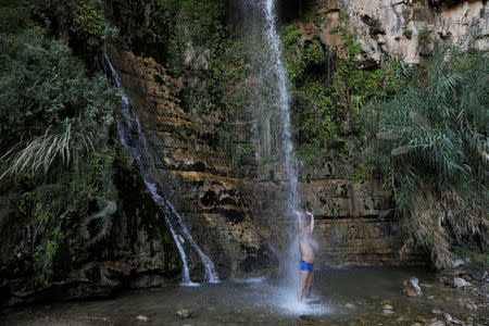 A man stands beneath a waterfall as he visits Nahal David in the Ein Gedi Nature Reserve area, near the Dead Sea, Israel October 1, 2017. REUTERS/Ronen Zvulun