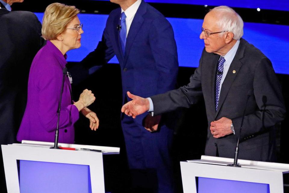 From left: Sens. Elizabeth Warren and Bernie Sanders at Tuesday's Democratic primary debate | Patrick Semansky/AP/Shutterstock