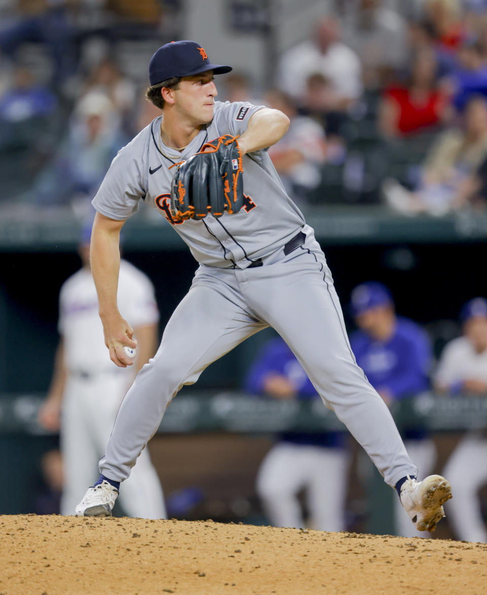 Detroit Tigers relief pitcher Beau Brieske delivers during the ninth inning of a baseball game against the Texas Rangers, Monday, June 3, 2024, in Arlington, Texas. (AP Photo/Gareth Patterson)