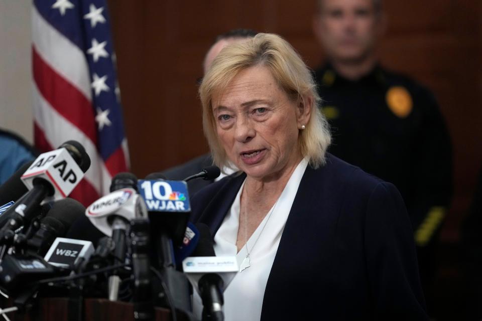 Maine Gov. Janet Mills faces reporters Thursday, Oct. 26, 2023, during a news conference at Lewiston City Hall, in Lewiston, Maine. Residents have been ordered to shelter in place as police continue to search for the suspect of Wednesday's mass shootings. (AP Photo/Steven Senne)