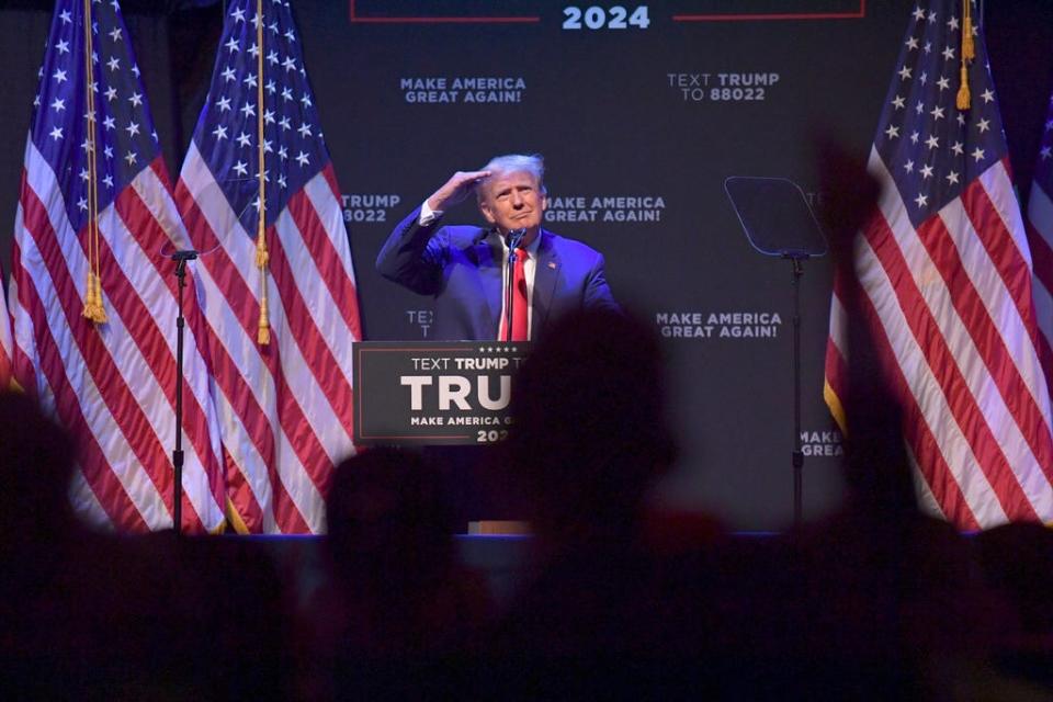 Former President Donald Trump speaks at a campaign event Monday, March 13, 2023, in Davenport, Iowa.