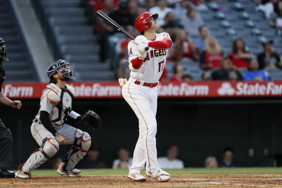 日籍好手大谷翔平，在昨日掃出雙響砲後今日再開轟(AP Photo/Alex Gallardo)