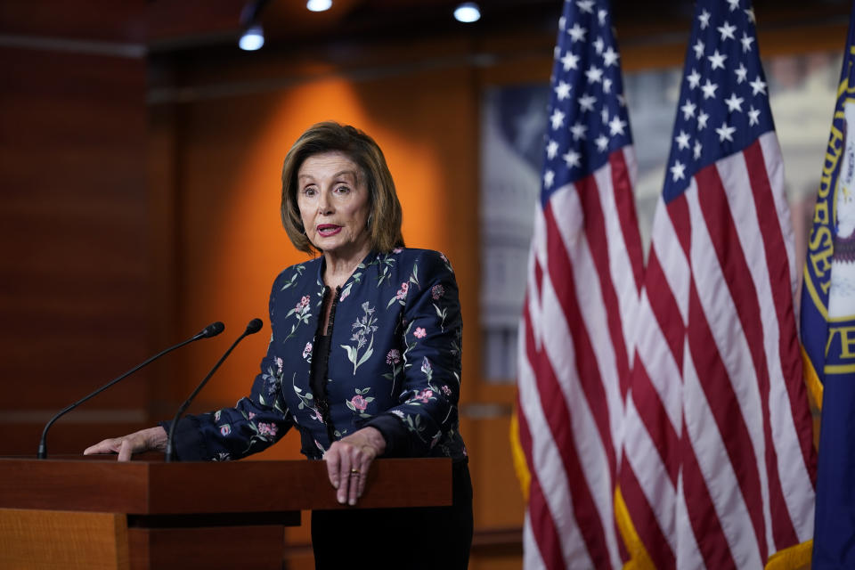 FILE - In this July 22, 2021, file photo Speaker of the House Nancy Pelosi, D-Calif., meets with reporters at the Capitol in Washington. Pelosi and Liz Cheney have the most unlikely of partnerships. The two longtime political adversaries have joined forces to investigate the Jan. 6 insurrection at the U.S. Capitol. Pelosi tapped Cheney to join the committee that will hold its first hearing next week. (AP Photo/J. Scott Applewhite, File)