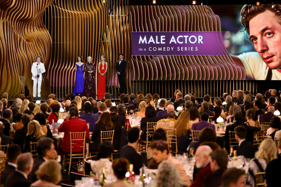 LOS ANGELES, CALIFORNIA - FEBRUARY 24: (L-R) Jeremy Allen White accepts the Outstanding Performance by a Male Actor in a Comedy Series award for “The Bear” onstage from Anne Hathaway, Meryl Streep, and Emily Blunt onstage during during the 30th Annual Screen Actors Guild Awards at Shrine Auditorium and Expo Hall on February 24, 2024 in Los Angeles, California. (Photo by Matt Winkelmeyer/Getty Images)