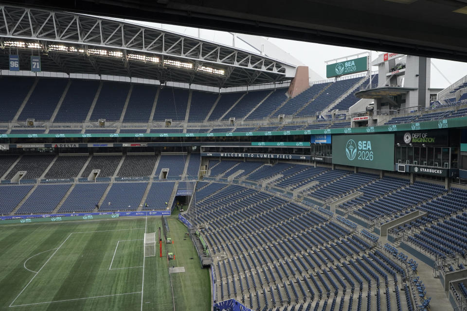 The SEA 2026 logo representing Seattle's bid to become a host city for the FIFA World Cup in 2026 is displayed, Monday, Nov. 1, 2021, at Lumen Field in Seattle following the official visit of a FIFA delegation to the facility as organizers try to be selected as a host city for the FIFA World Cup in 2026. (AP Photo/Ted S. Warren)