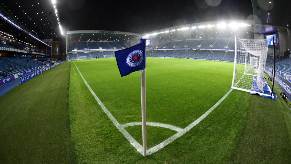 A view from the corner flag of Ibrox stadium home of Glasgow Rangers