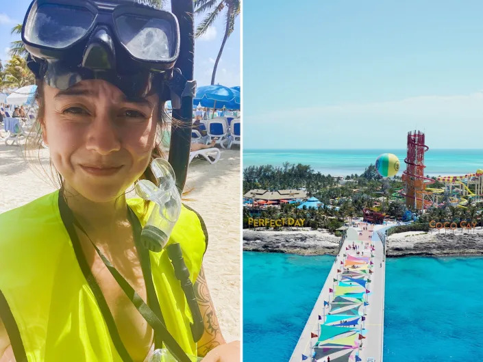 The author in her snorkeling gear (L) and a view of CocoCay from above (R)