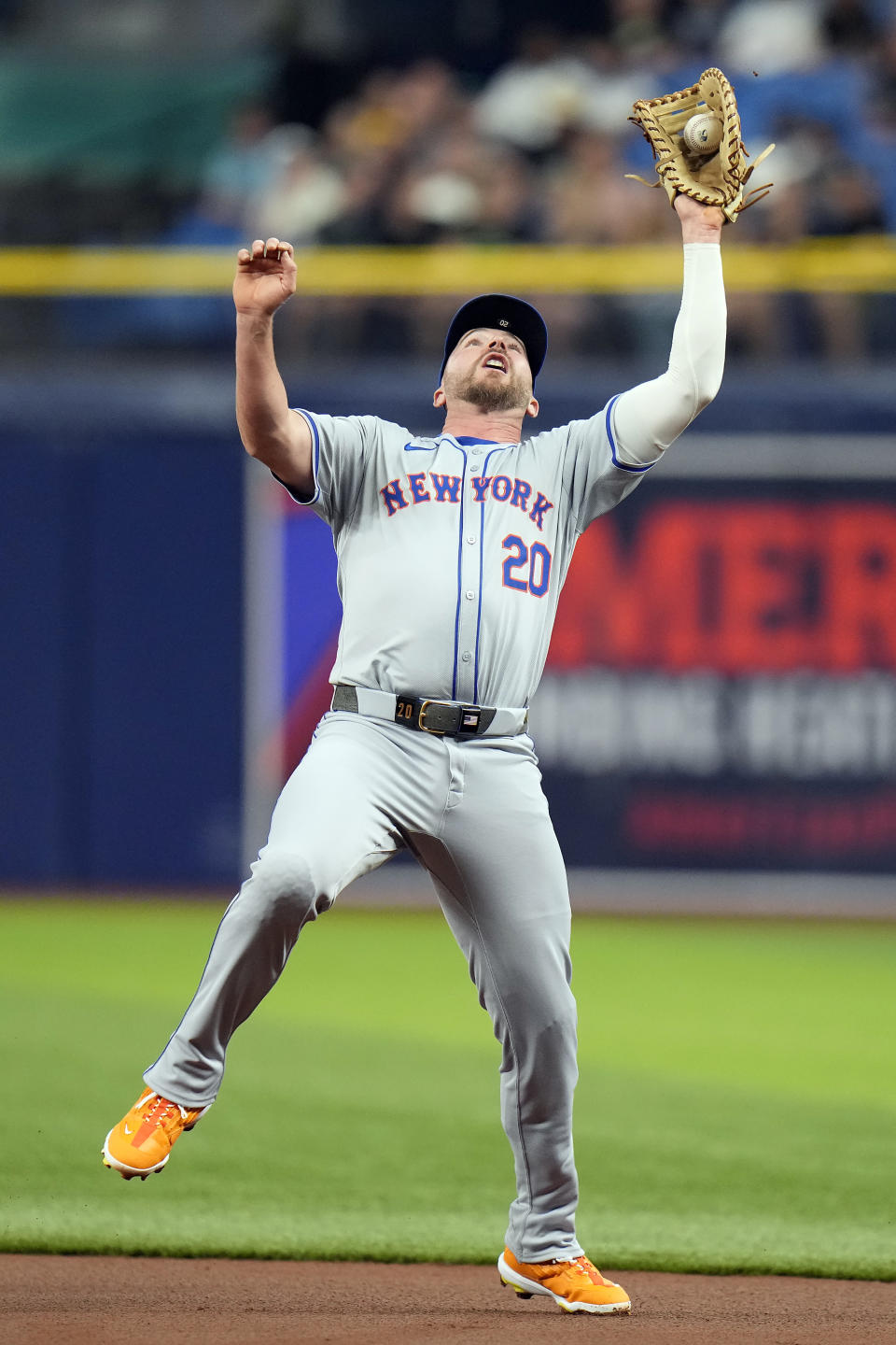 New York Mets first baseman Pete Alonso makes a catch on a pop out by Tampa Bay Rays' Isaac Paredes during the first inning of a baseball game Friday, May 3, 2024, in St. Petersburg, Fla. (AP Photo/Chris O'Meara)