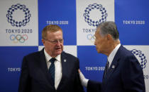 International Olympic Committee (IOC) Vice President John Coates and President of Tokyo 2020 Olympic and Paralympic organising committee Yoshiro Mori attend their news conference following Project Review Meeting in Tokyo, Japan, April 24, 2018. REUTERS/Toru Hanai