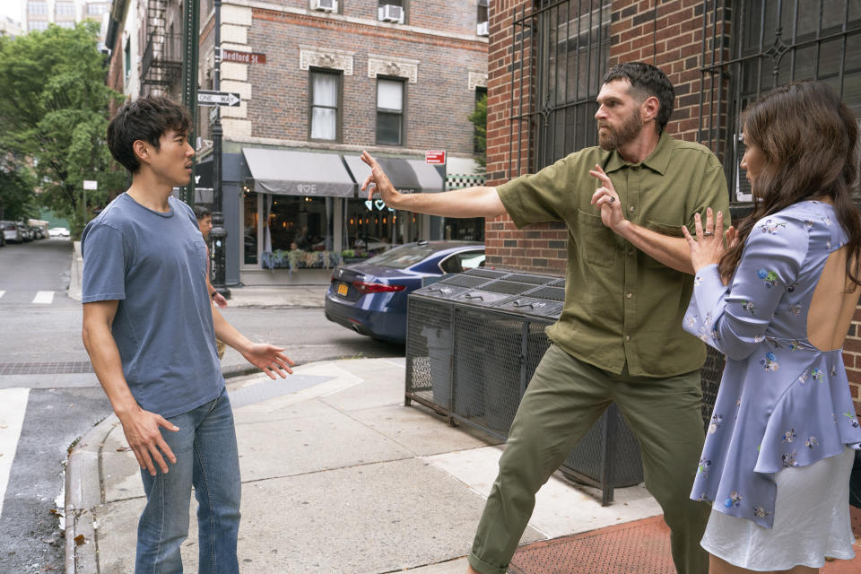 This image released by Sony Pictures Classics shows Justin Min, from left, Timothy Simons and Ally Maki in a scene from "Shortcomings." (Jon Pack/Sony Pictures Classics via AP)