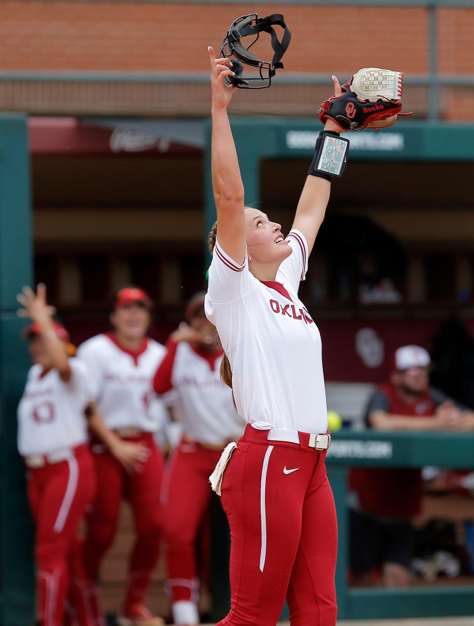 Oklahoma's Alex Storako (8) celebrates the last out during the NCAA Norman Super Regional softball game between the University of Oklahoma Sooners and the Clemson Tigers at Marita Hynes Field in Norman, Okla., Friday, May, 26, 2023. 