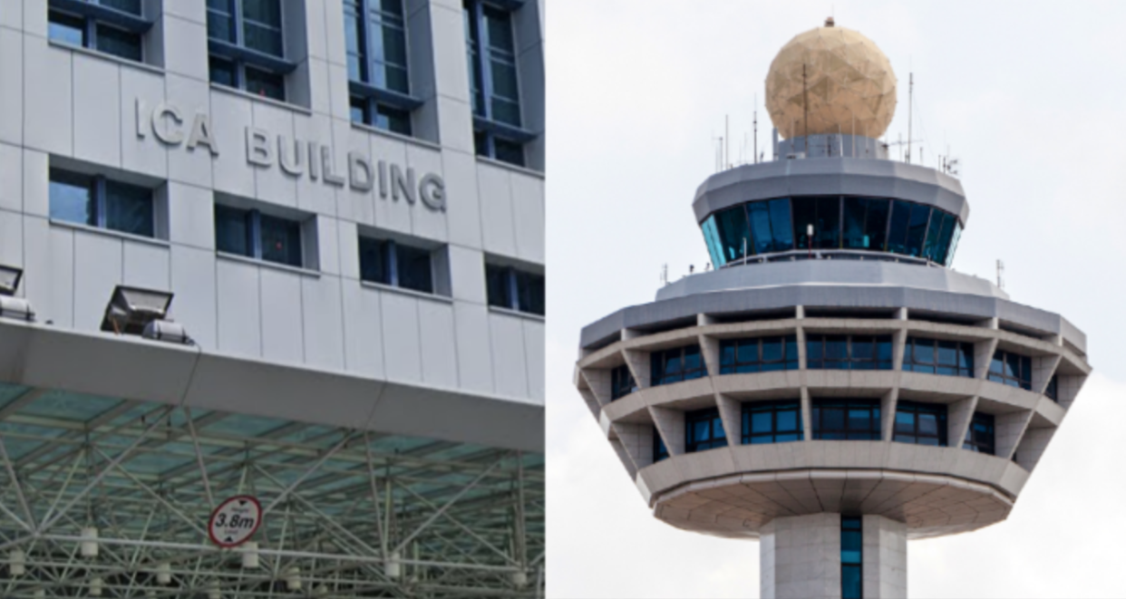 ICA Building and Changi Airport Control Tower. (SCREENSHOT and PHOTO: Google Maps and Getty Images)