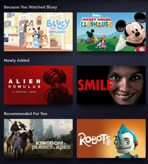 An app screen recommending six shows and movies: "Bluey," "Mickey Mouse Clubhouse," "Alien Romulus: A Special Look," "Smile," "Kingdom of the Planet of the Apes," and "Robots."