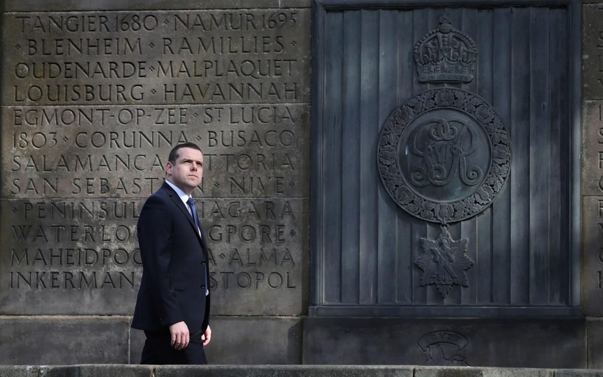 Douglas Ross, the Scottish Conservative leader, outlines his plans at the Royal Scots Monument in Edinburgh on Tuesday - Andrew Milligan/PA