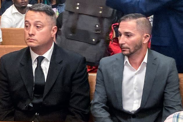 Jacob Runyan, left, and Chase Cominsky pleaded not guilty to cheating and other charges in a lucrative fishing tournament on Lake Erie in the end of September where they were accused of stuffing five walleye with lead weights and fish filets. (AP Photo/Mark Gillispie) (Photo: via Associated Press)