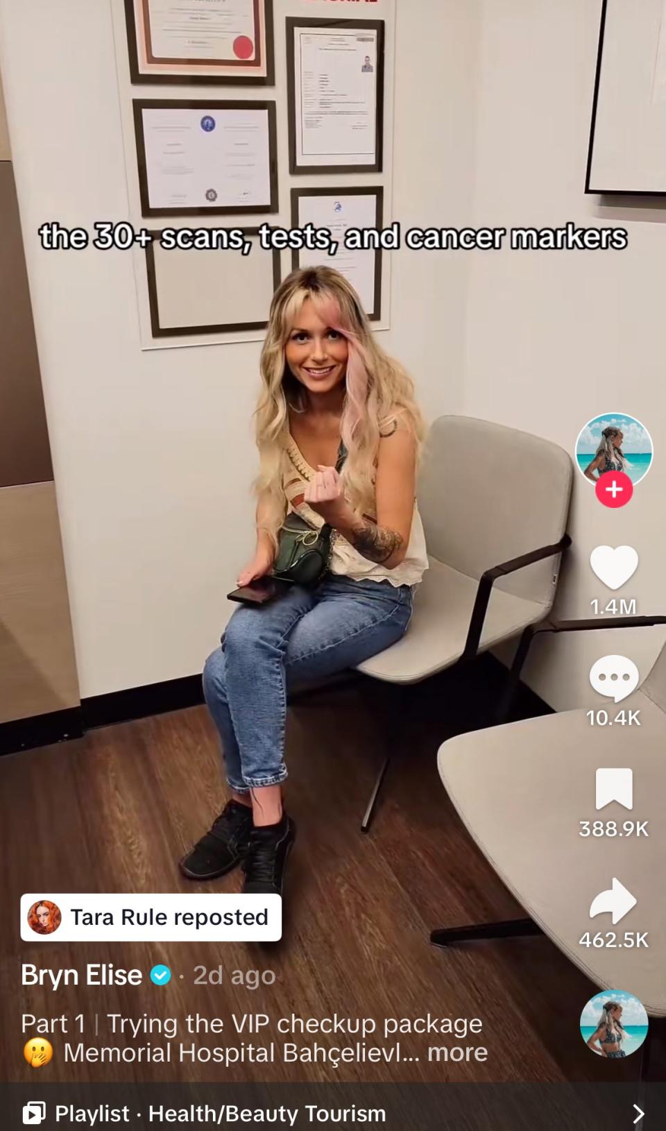 Bryn Elise sits in a hospital waiting area holding a phone, caption reads "the 30+ scans, tests, and cancer markers." The video has 1.4M views, 10.4K comments, 388.9K likes, and 462.5K shares