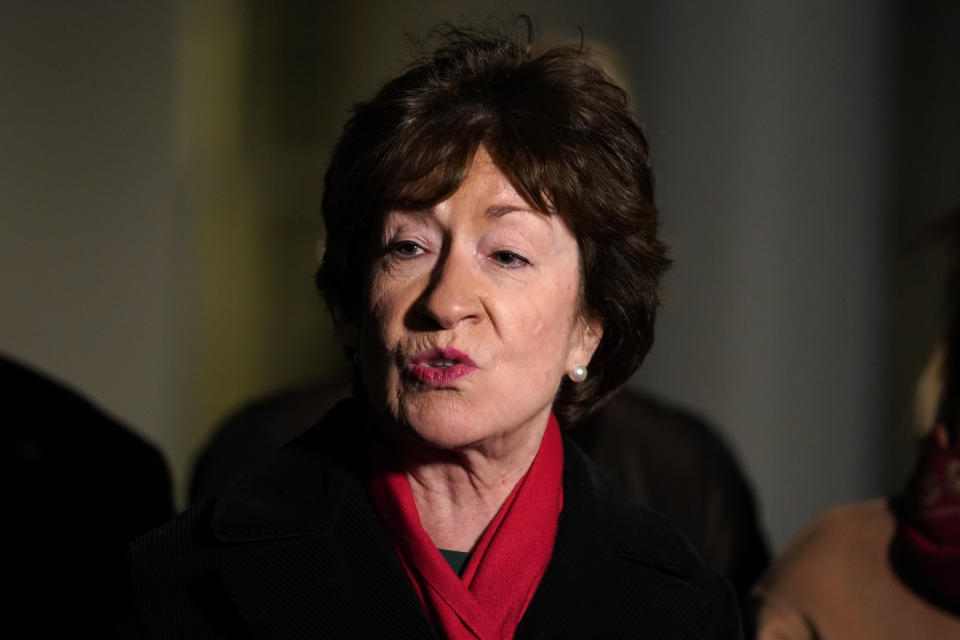 Sen. Susan Collins, R-Maine, speaking after meeting President Joe Biden and Vice President Kamala Harris to discuss a coronavirus relief package, in the Oval Office of the White House, Monday, Feb. 1, 2021, in Washington. (AP Photo/Evan Vucci)