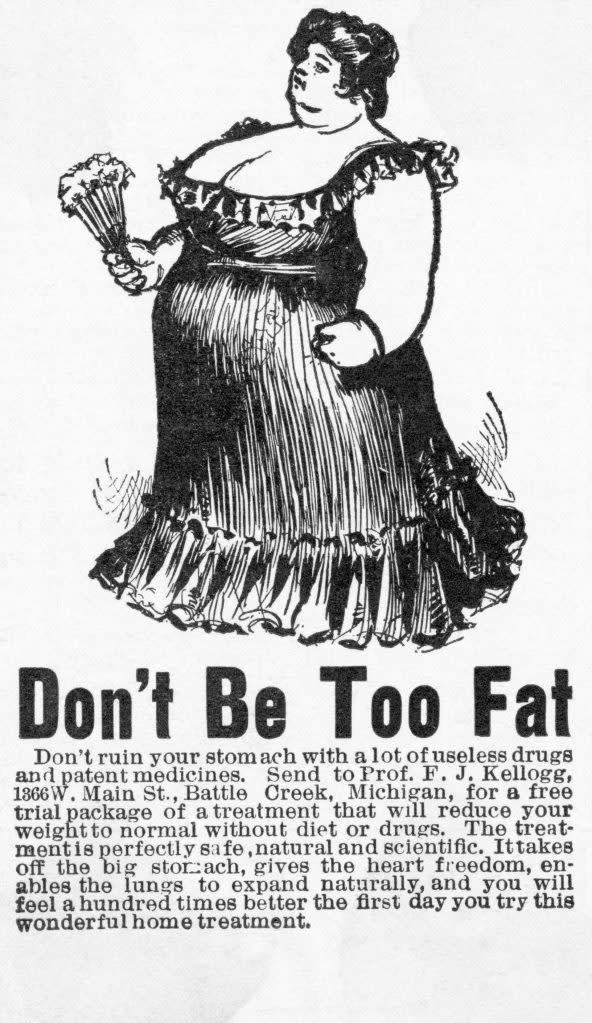 Woodcut advertisement for Professor F.J. Kellogg's weight loss remedy.