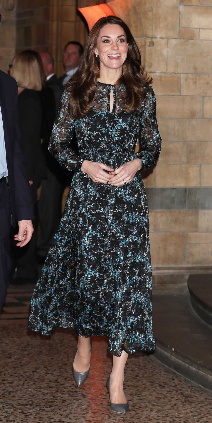 <p>The Duchess of Cambridge attends a tea party in honor of 'Dippy' The Dinosaur at London's Natural History Museum wearing a printed L.K. Bennett tea length dress and grey heels.</p>