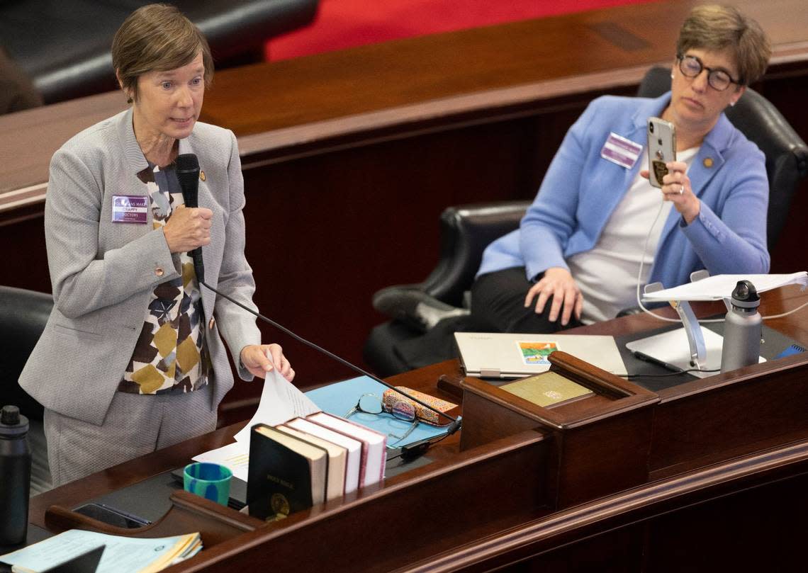 Sen. Rachel Hunt of Mecklenburg County, speaks on the Senate floor on Thursday, May 4, 2023 at the North Carolina General Assembly in Raleigh, N.C. Hunt is running in the Democratic primary for lieutenant governor.