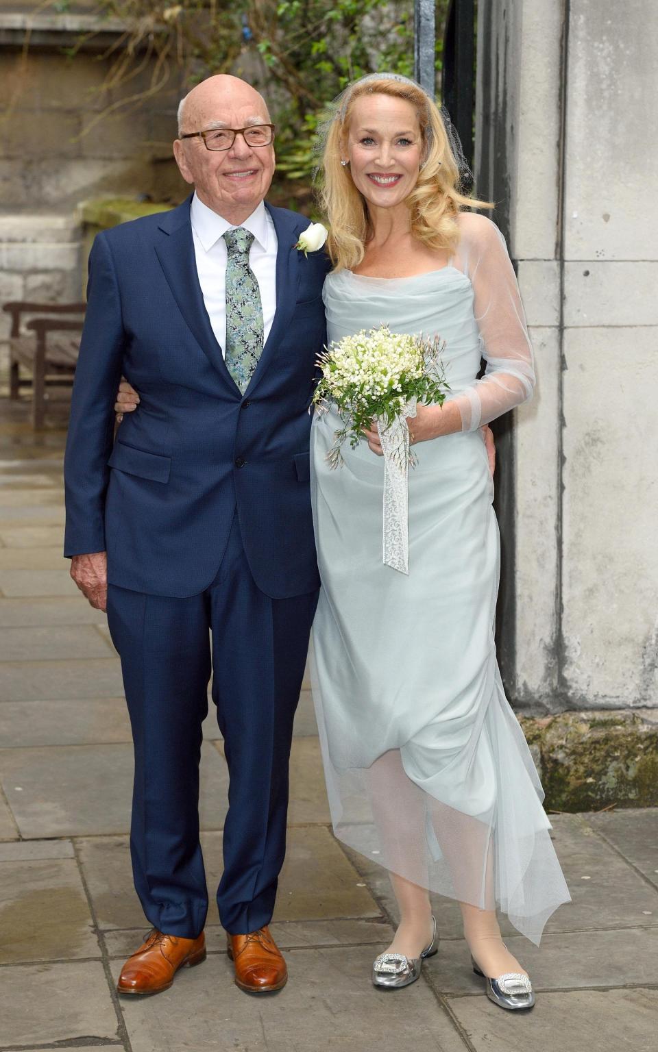 Jerry Hall, wearing Vivienne Westwood, on her wedding day to Rupert Murdoch in 2016 - Getty