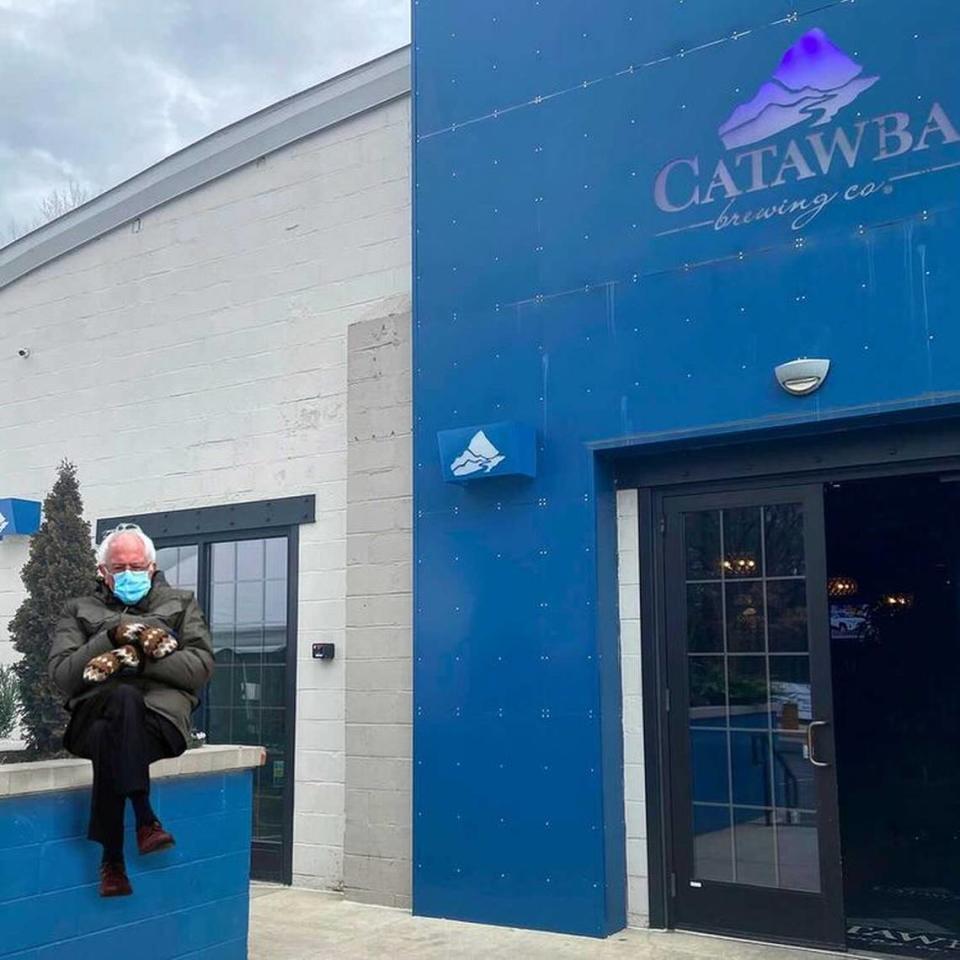 Bernie Sanders is memed in front of Catawba Brewing Company.